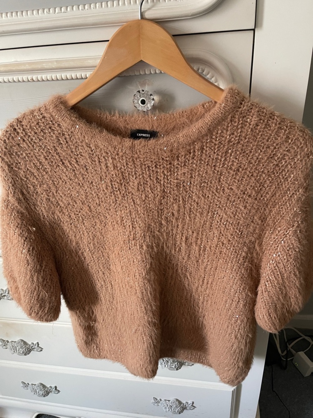 Express Women's Fuzzy Crewneck Sweater in Camel Brown